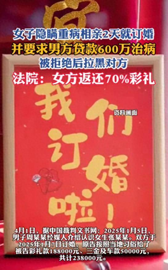 女子隐瞒重病相亲2天就订婚，并要求男方贷款600万治病，被拒绝后拉黑对方，法院：女方返还70%彩礼